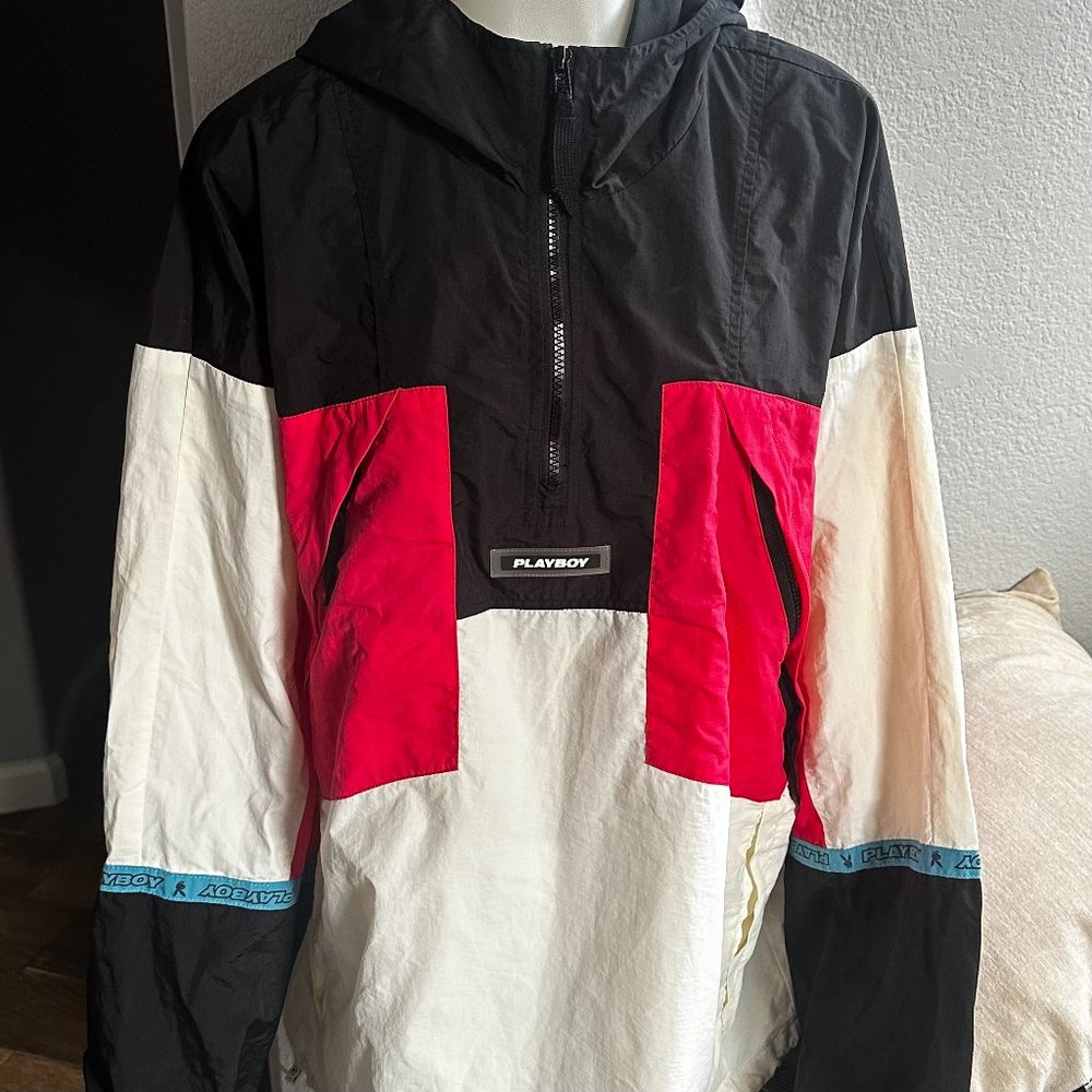 Playboy by PacSun Retro Windbreaker Pull Over Hooded Jacket Size Large